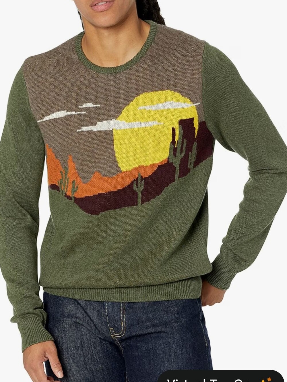 Goodthreads Olive Crewneck Sweater with Desert Sunset Intarsia